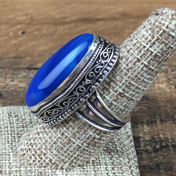 Blue Botswana Agate Stone Silver Overlay Ring Size 7.75 - Picture 5 of 12